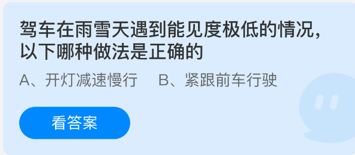 驾车在雨雪天遇到能见度极低的情况，以下哪种做法是正确的